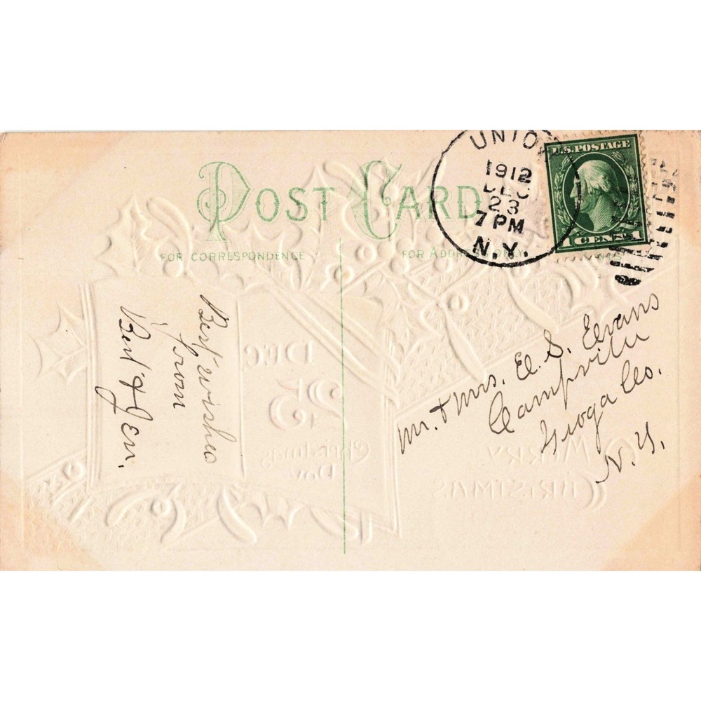 Vintage 1912 Embossed Christmas Postcard Holly Mistletoe Union NY Postmark B.102 - Picture 2 of 2